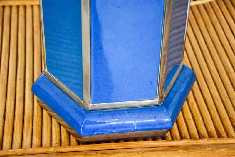 Pair of vintage Italian table lamps with hexagonal blue base