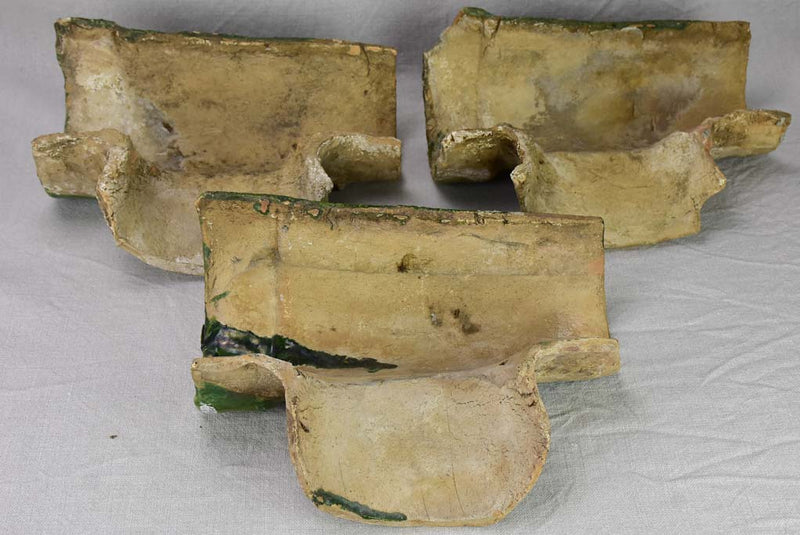 Three green-glazed clay roof gutter elements 12½"