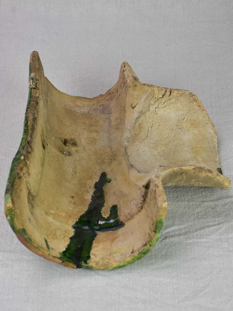 Three green-glazed clay roof gutter elements 12½"