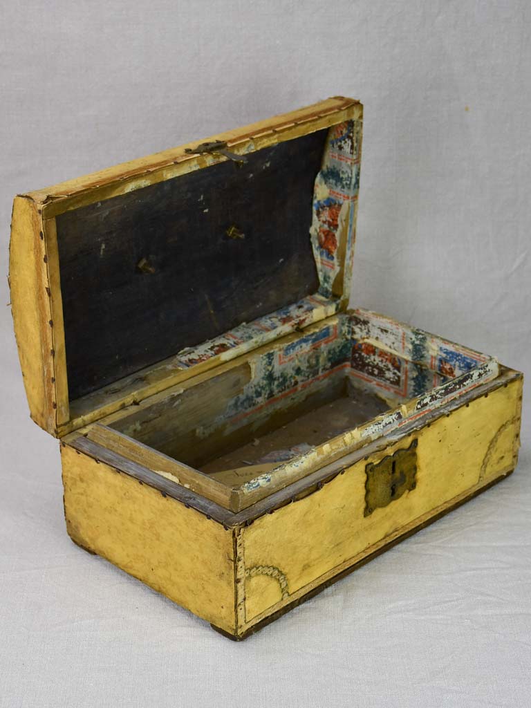 19th century French document trunk covered in parchment 15¾"