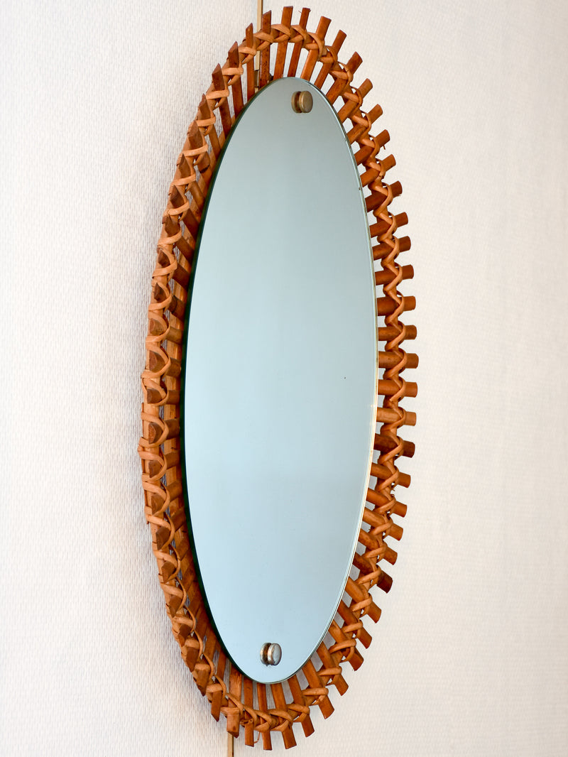 Vintage French oval mirror with rattan and bamboo frame
