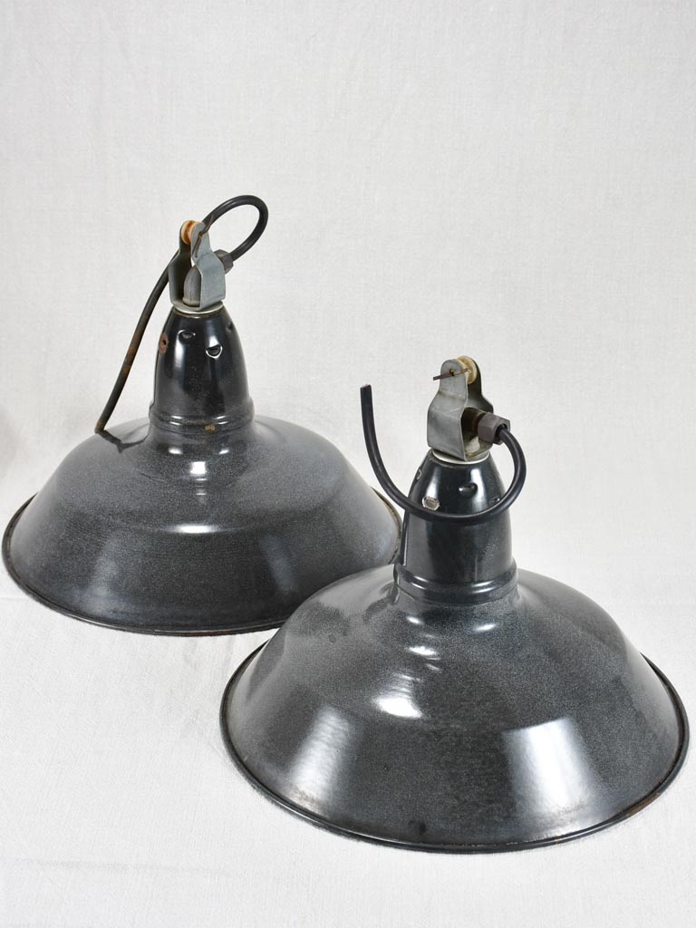 Pair of industrial enamel suspension lights - early twentieth century 13¾" diameter