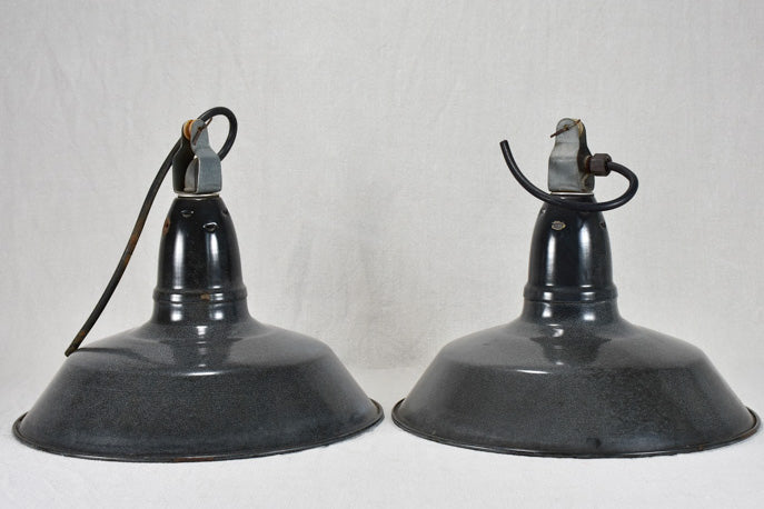 Pair of industrial enamel suspension lights - early twentieth century 13¾" diameter