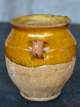 Very small antique French confit pot with yellow glaze 5”