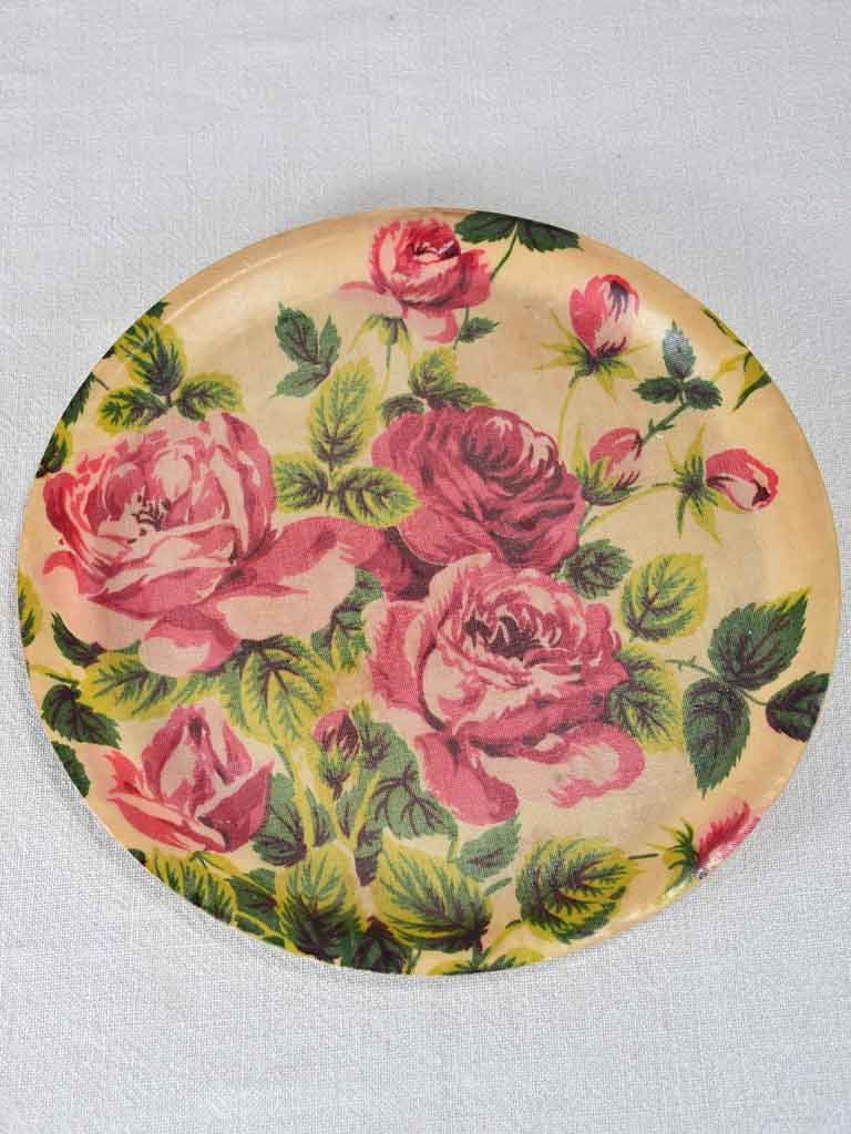 Round vintage 1930s French fiberglass tray with flowers