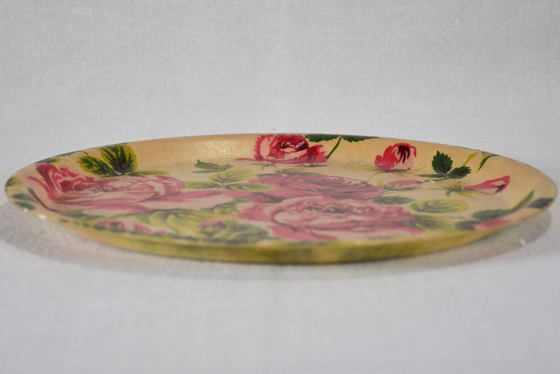 Round vintage 1930s French fiberglass tray with flowers