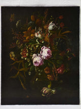 19th century floral still life beetle, fly, luminous peonies & tulips. Oil on canvas 20½ x "25½"