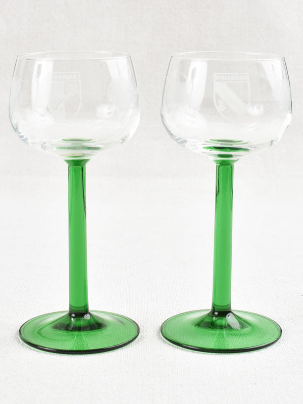 6 Alsatian wine glasses with green stems