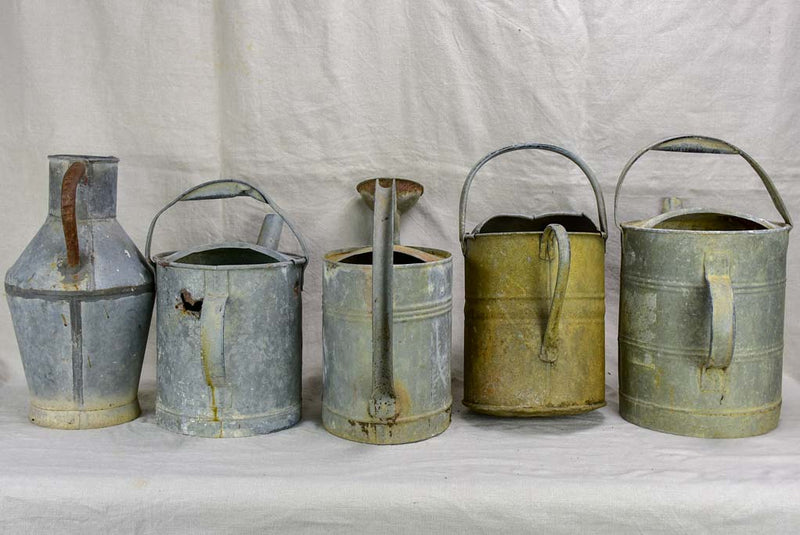 Collection of five antique zinc watering cans