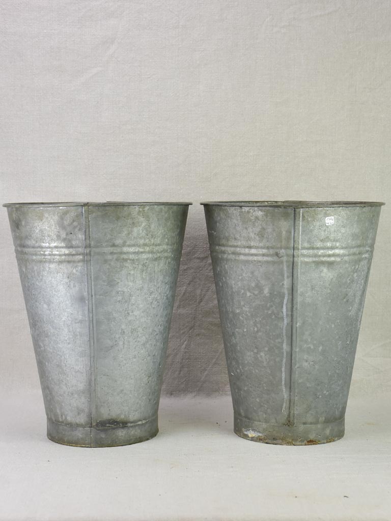 Two vintage zinc florist vases - large & watertight 14¼"