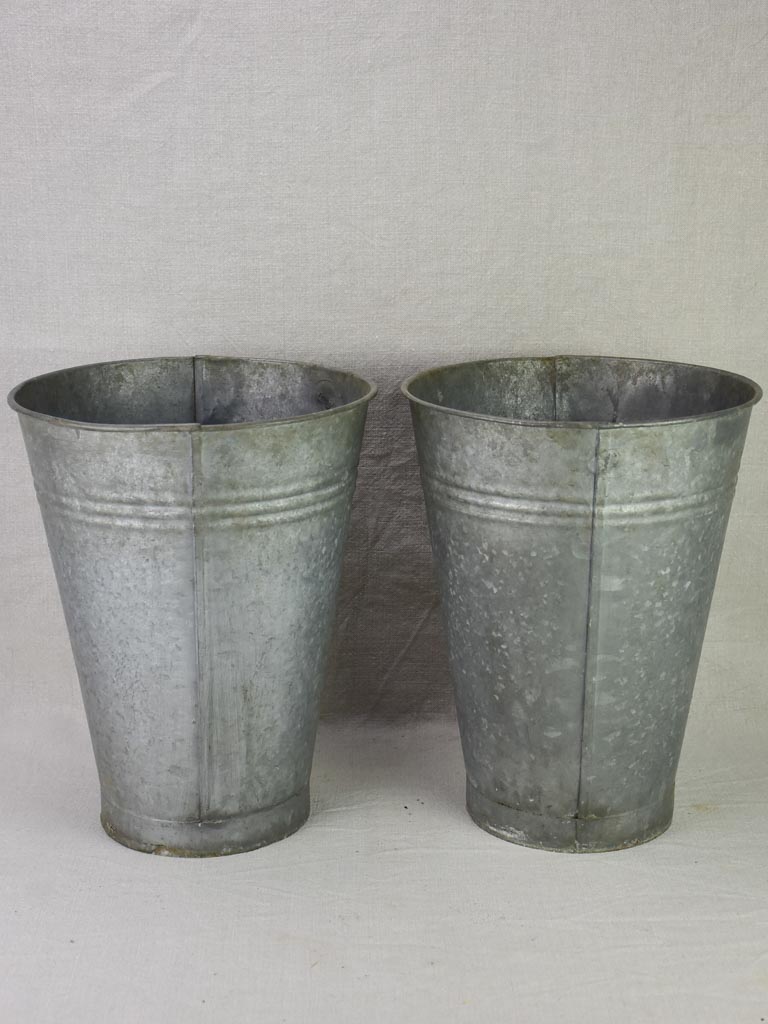 Two vintage zinc florist vases - large & watertight 14¼"