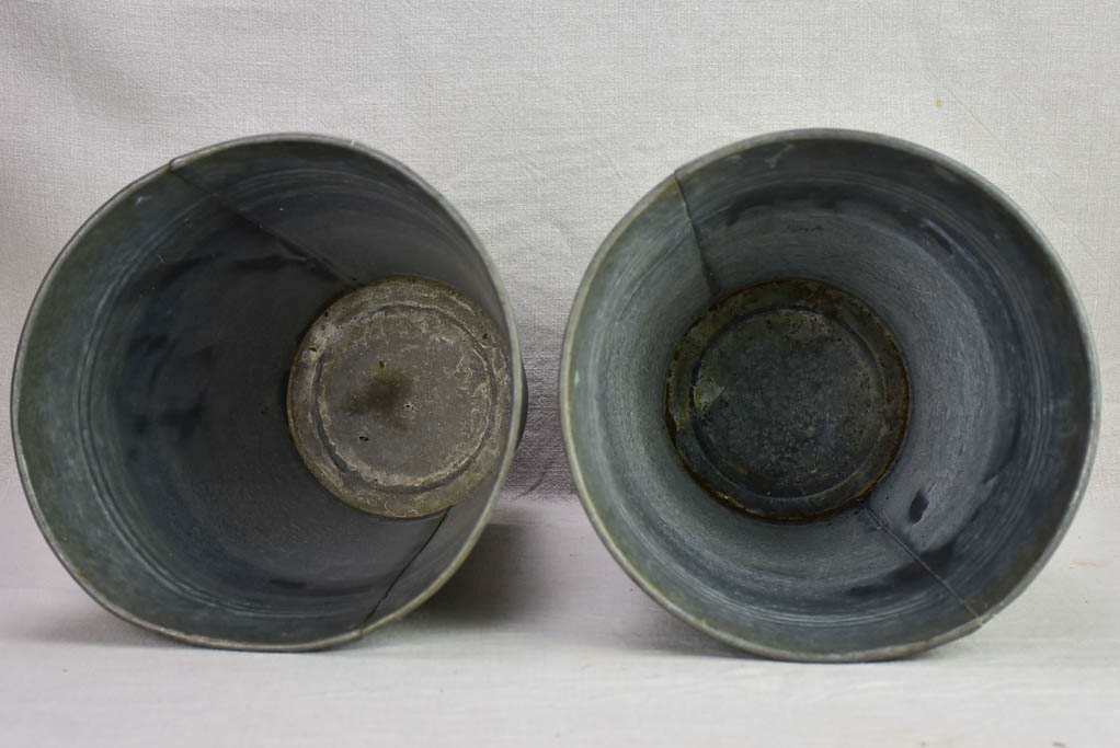Two vintage zinc florist vases - large & watertight 14¼"