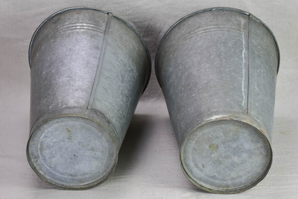 Two vintage zinc florist vases - large & watertight 14¼"