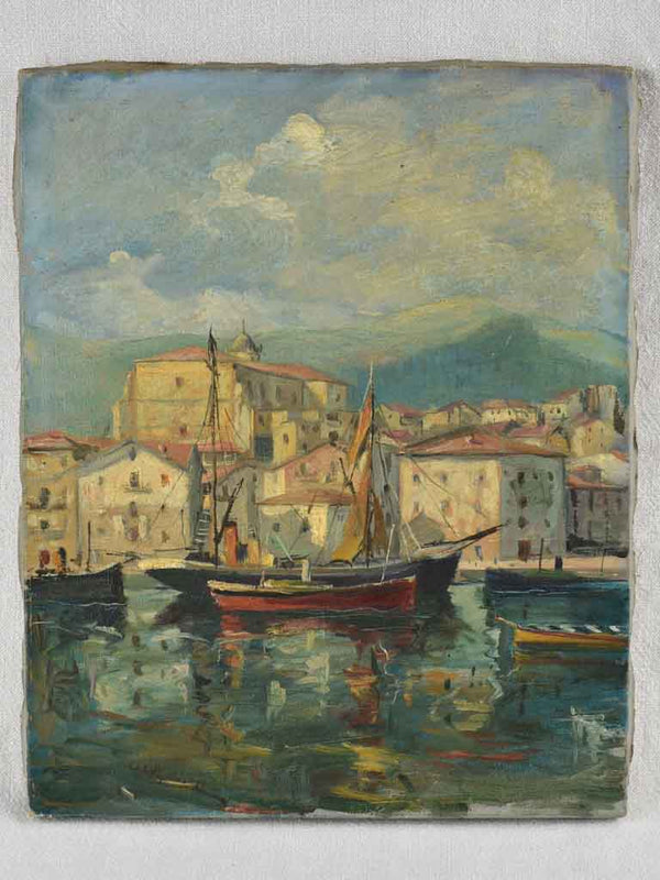 Antique marine painting of a Mediterranean village with sail boats 21¾" x 18½"