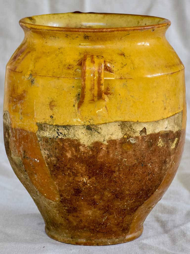 Rustic 19th Century French confit pot with yellow / orange glaze