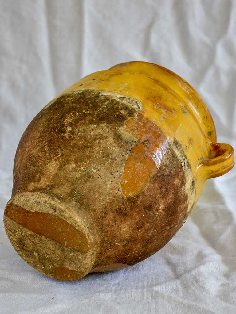 Rustic 19th Century French confit pot with yellow / orange glaze