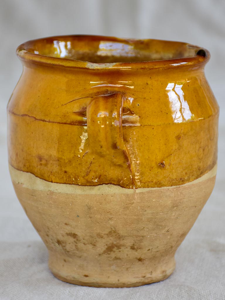 Very small antique French confit pot with orange glaze 5"