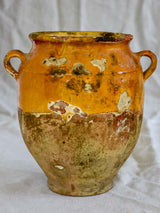 Rustic 19th Century French confit pot with orange glaze 10¾"