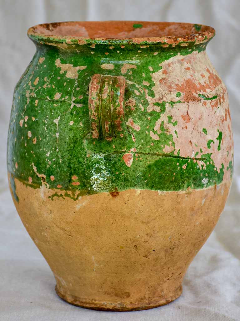 Rustic antique French confit pot with dark green glaze 10¼"