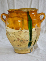 Large antique French confit pot with orange glaze and green splash 12¼"