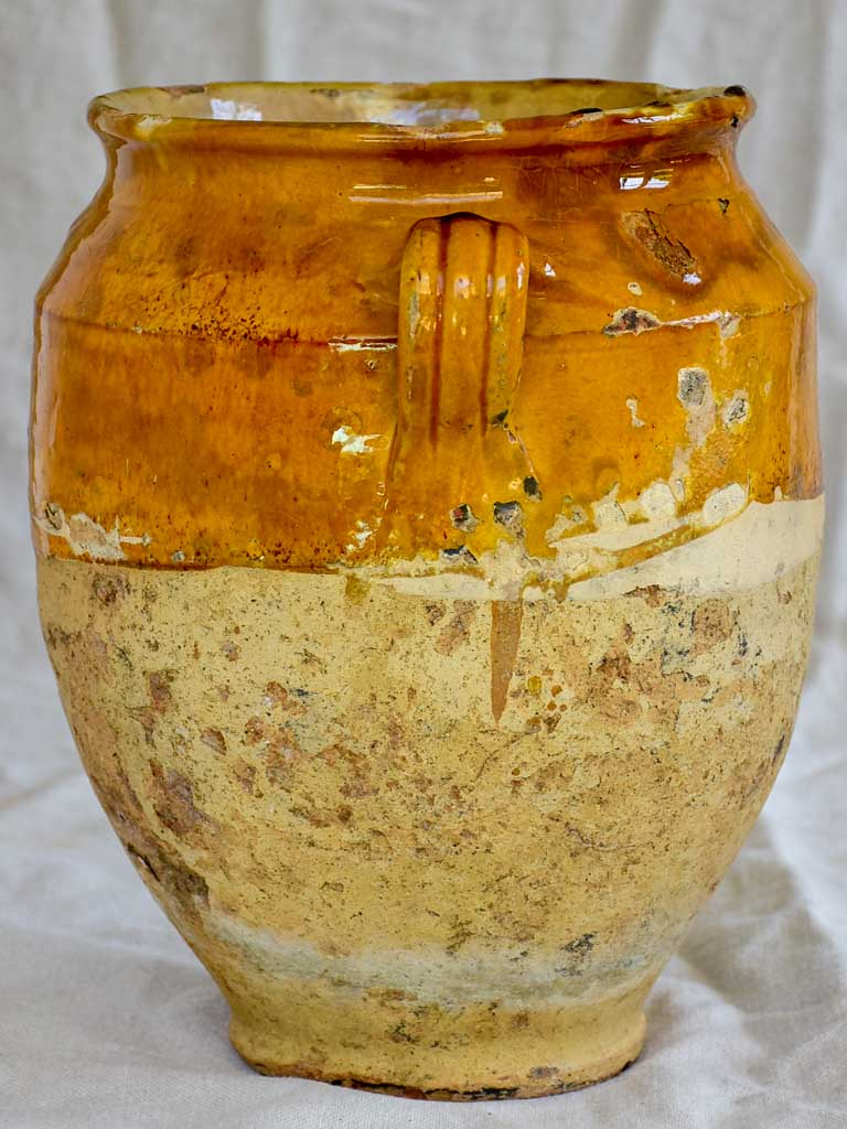 Large antique French confit pot with orange glaze and green splash 12¼"
