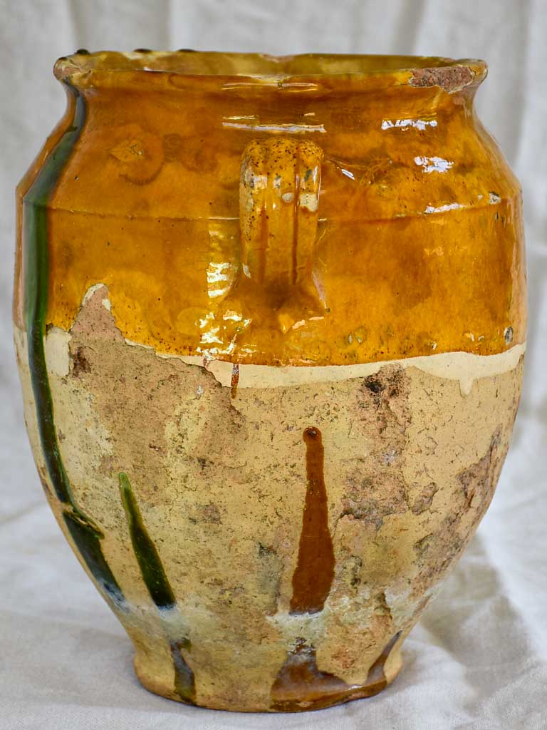 Large antique French confit pot with orange glaze and green splash 12¼"