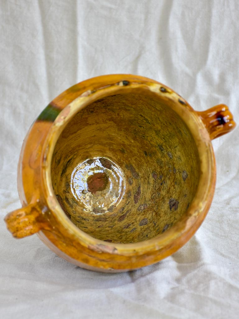 Large antique French confit pot with orange glaze and green splash 12¼"