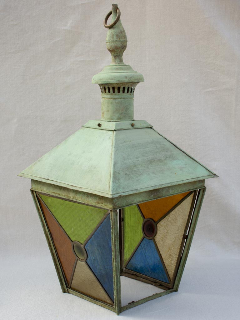 Large nineteenth century French copper lantern with stained glass 34¼"