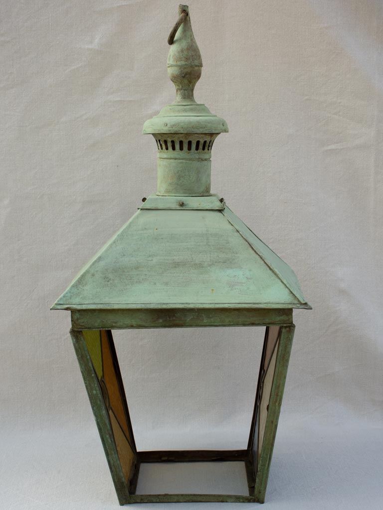 Large nineteenth century French copper lantern with stained glass 34¼"