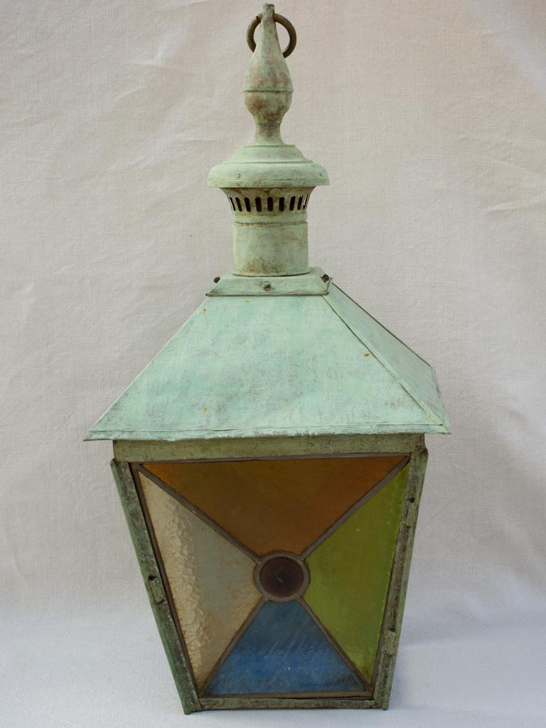 Large nineteenth century French copper lantern with stained glass 34¼"