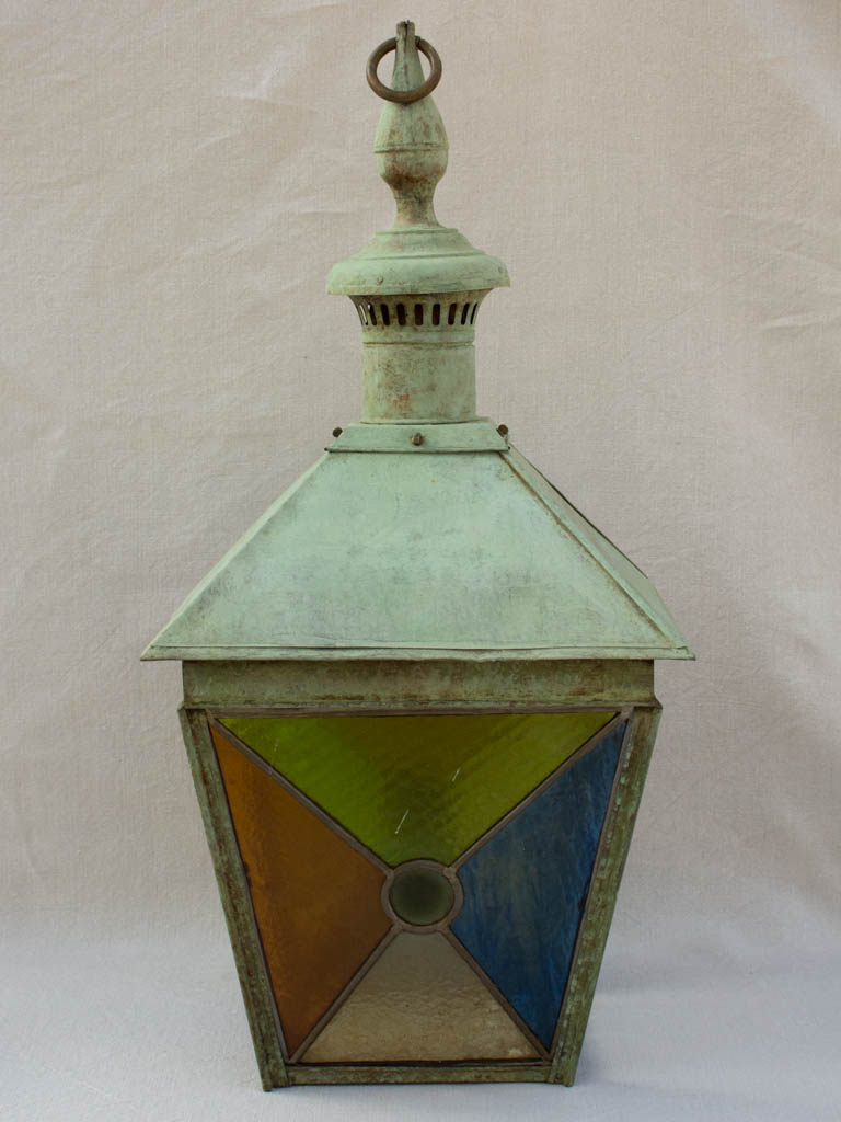 Large nineteenth century French copper lantern with stained glass 34¼"
