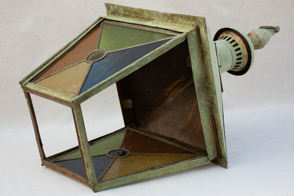Large nineteenth century French copper lantern with stained glass 34¼"