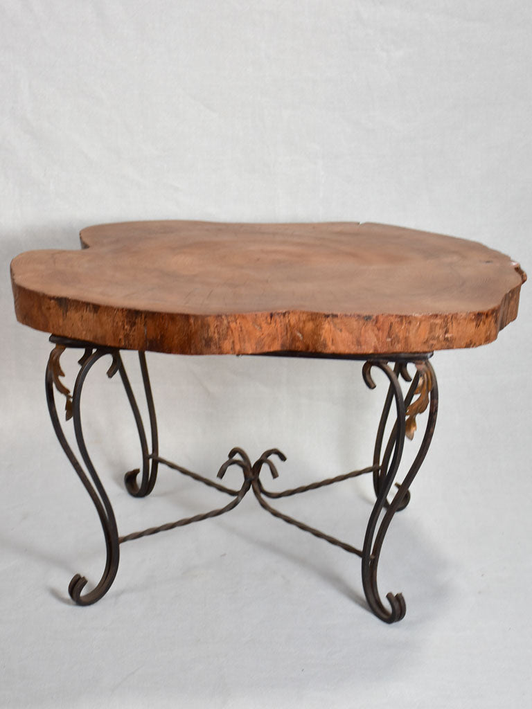Mid-century brutalist tree trunk coffee table on wrought iron base 17"