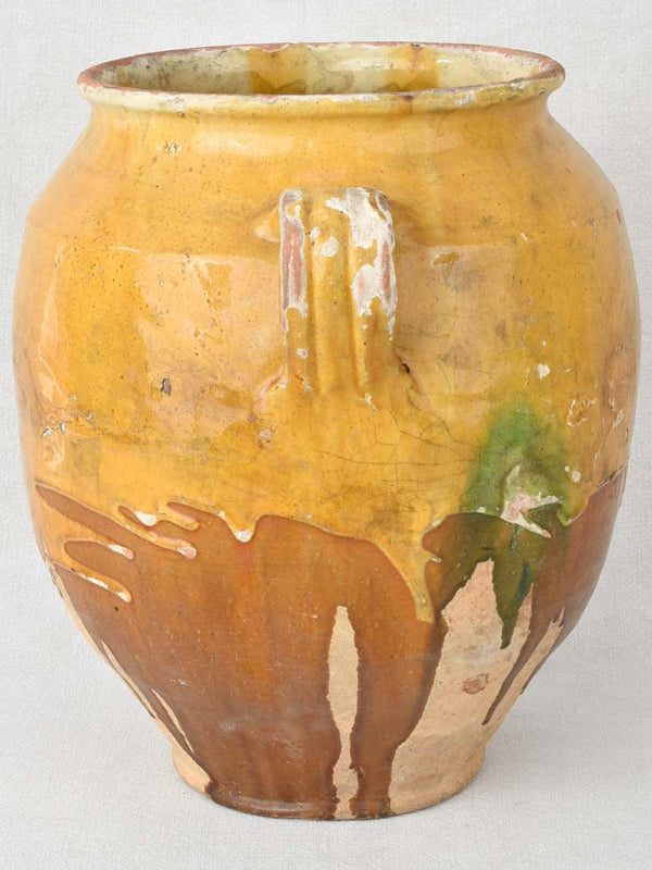 Very large antique French confit pot with yellow & green glaze 13¾"