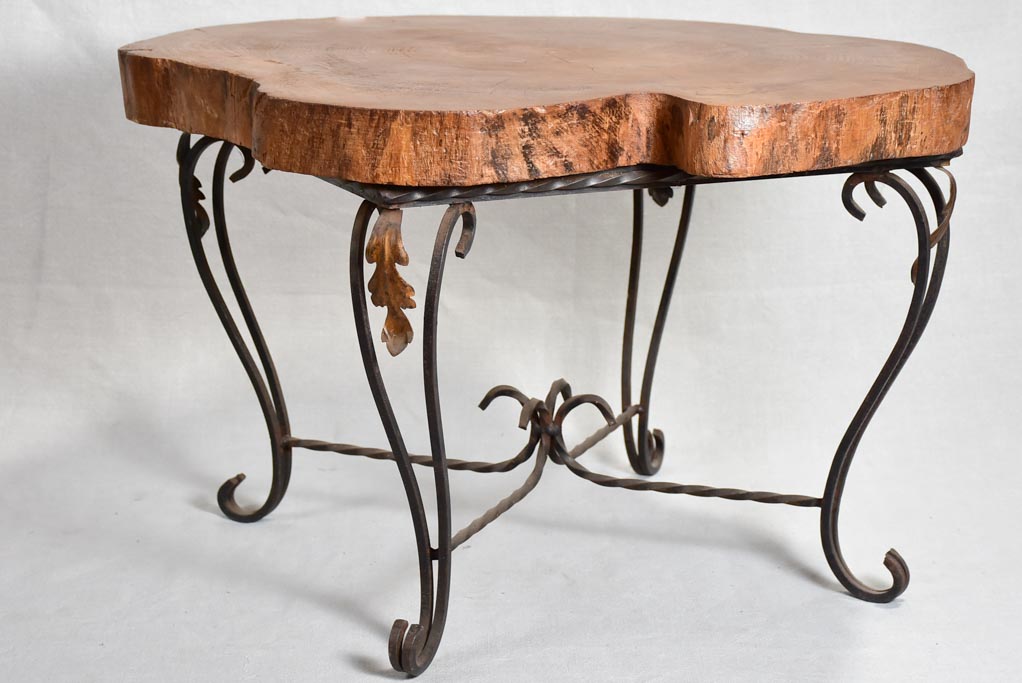 Mid-century brutalist tree trunk coffee table on wrought iron base 17"