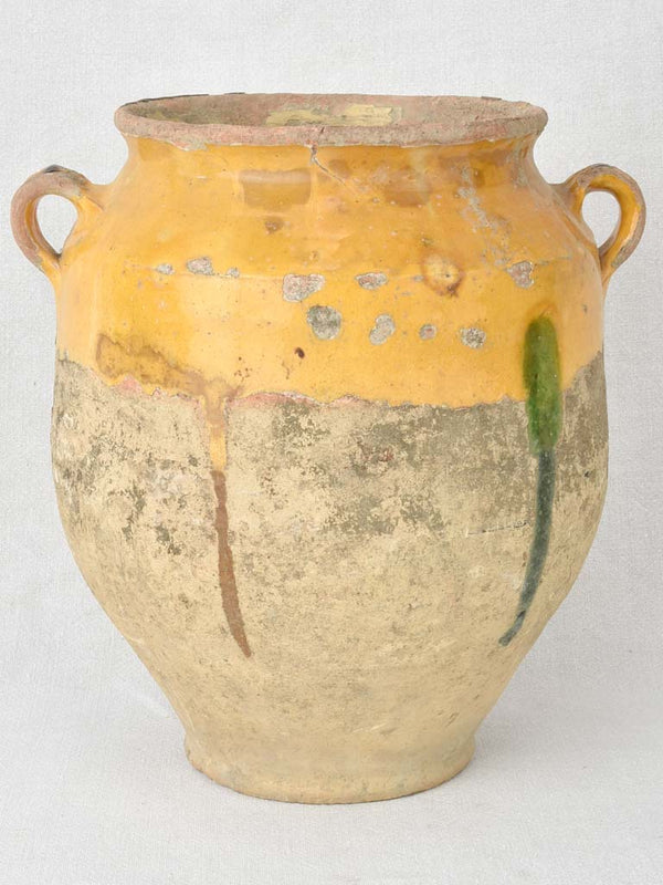 Large antique French confit pot with yellow & green glaze 13½"