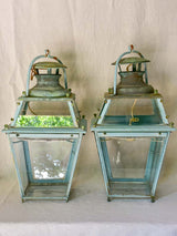 Pair of large 19th Century French lanterns with original glass and blue patina