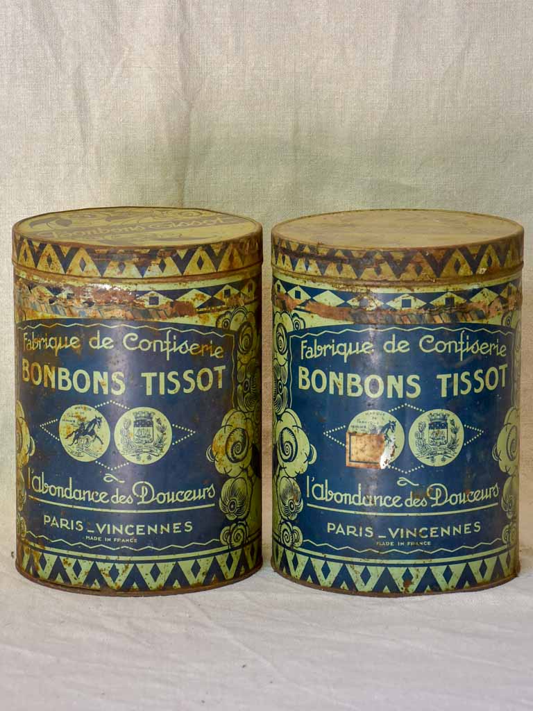 Pair of 1930's lolly tins branded Bonbons Tissot - blue and sage
