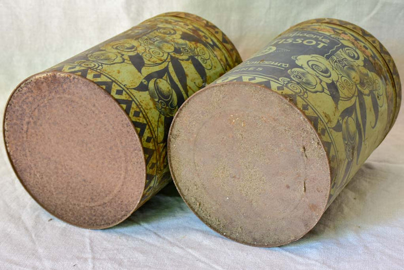 Pair of 1930's lolly tins branded Bonbons Tissot - blue and sage