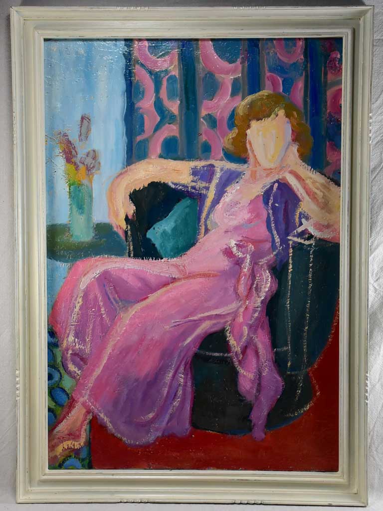 Vintage French oil canvas, pink dress