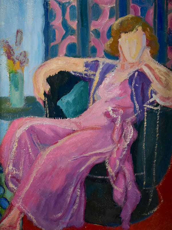 20th Century oil on canvas - Portrait of a lady in a pink dress - Anna Costa 29¼" x 40½"