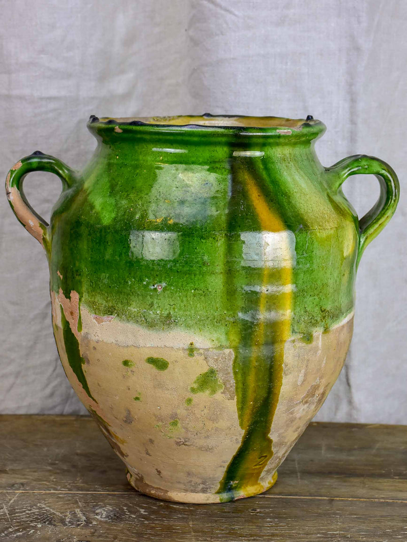 Very large antique French confit pot with green glaze 12 ¾''