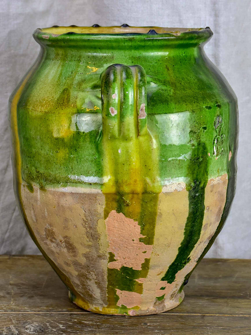Very large antique French confit pot with green glaze 12 ¾''