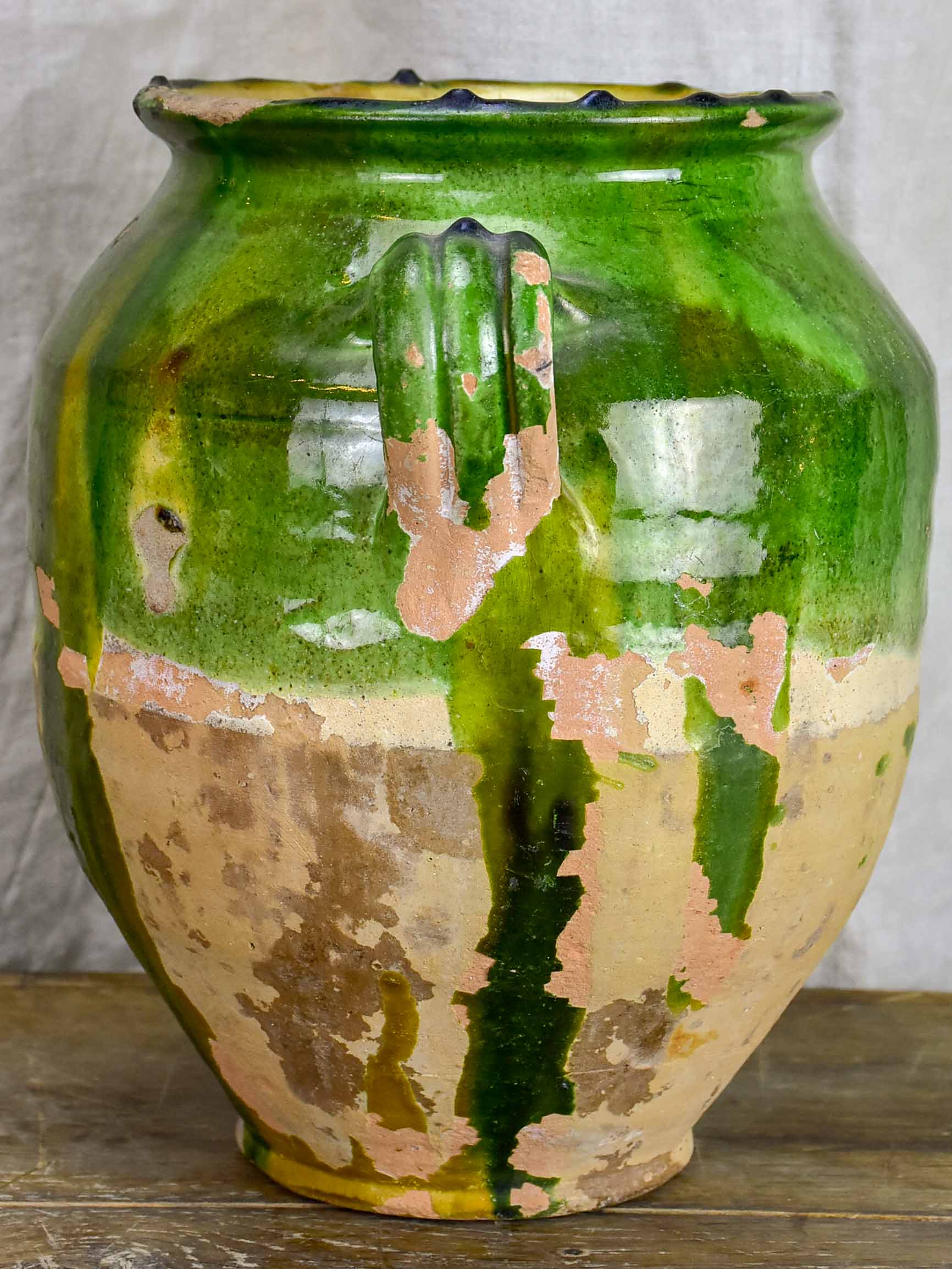 Very large antique French confit pot with green glaze 12 ¾''