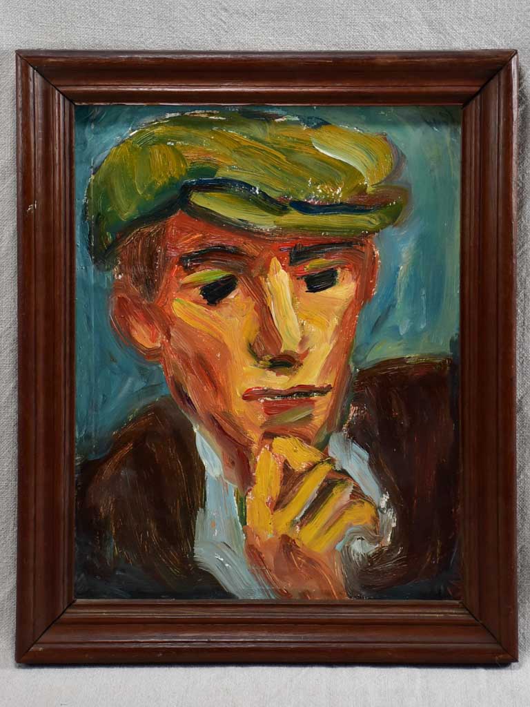 20th Century oil on board - Portrait of a man in a hat - Anna Costa 13½" x 16¼"