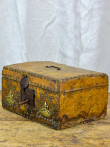 17th Century leather and wooden storage chest with key
