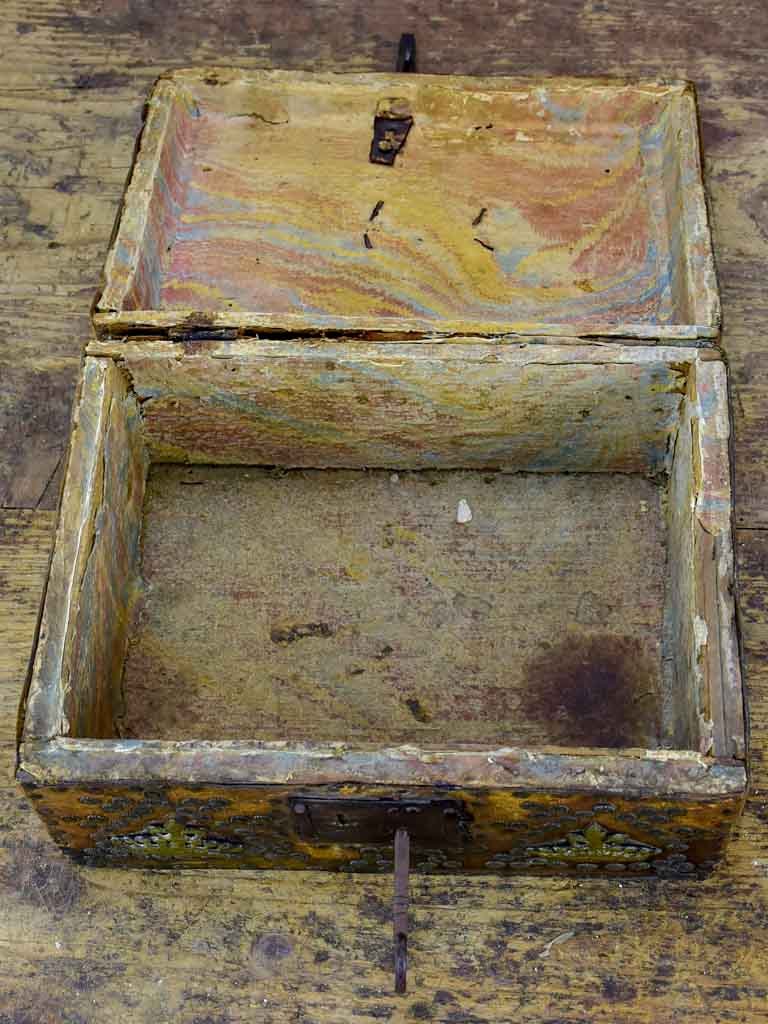 17th Century leather and wooden storage chest with key