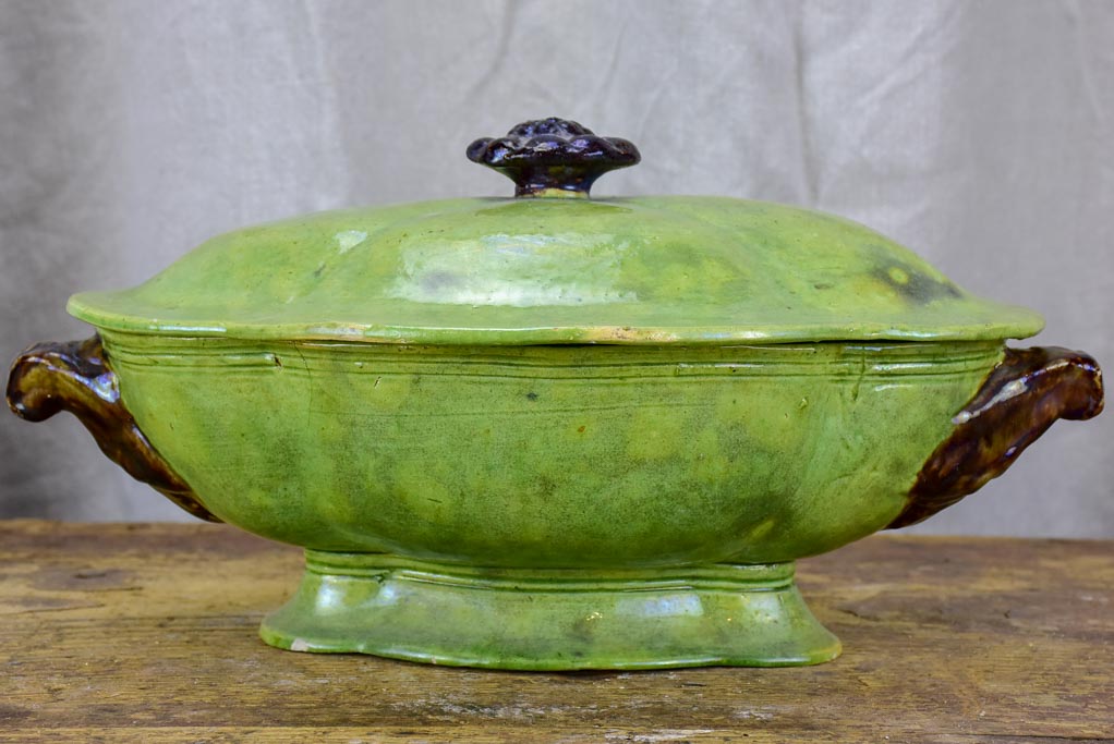 Antique French vegetable tureen from Dieulefit - green glaze