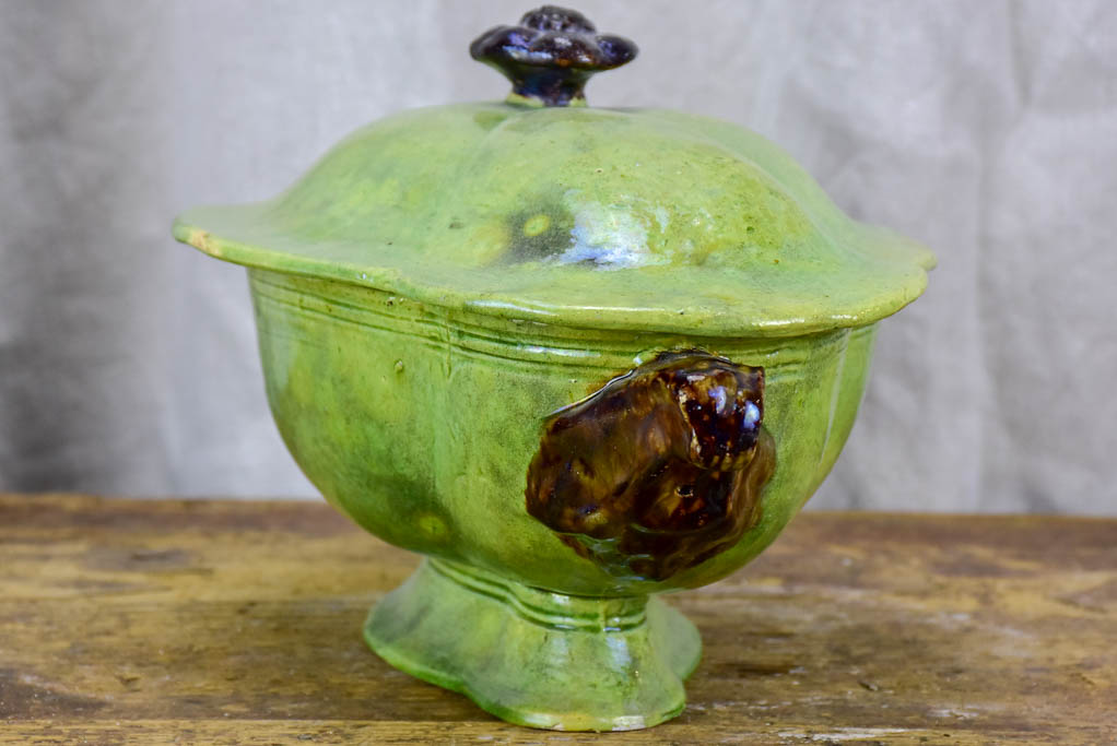 Antique French vegetable tureen from Dieulefit - green glaze