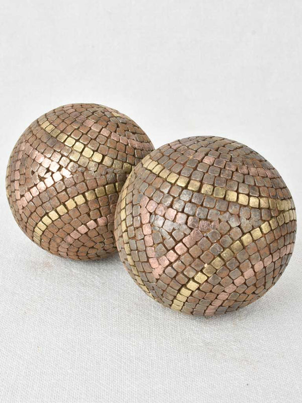 Pair of antique French petanque balls - square mosaic pattern 4"